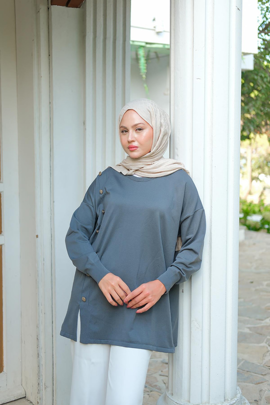 Ön Düğme Detay Tunik Füme