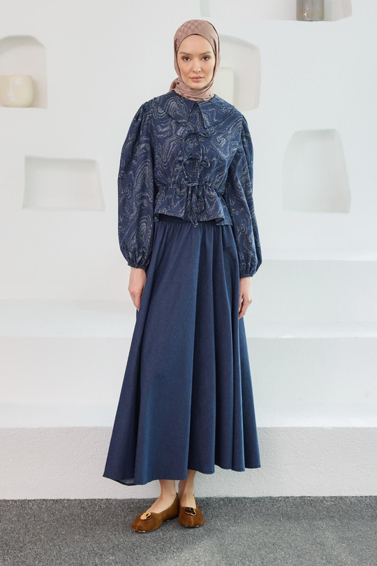 Ön Kurdele Detaylı Kot Görünümlü Takım Mavi