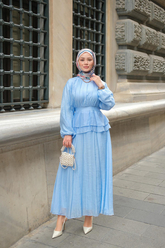 Ön Parça Tül Elbise Açık Mavi
