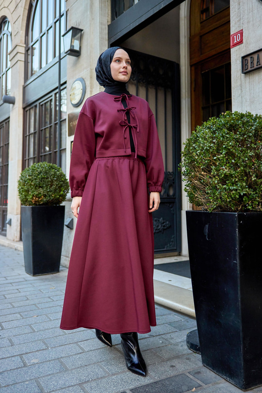 Önü Bağlamalı Etekli Takım Bordo
