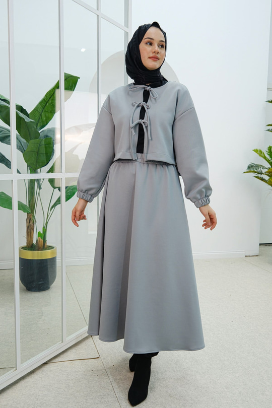 Önü Bağlamalı Etekli Takım Gri