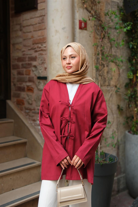 Önü Bağlamalı Oversize Kimono Bordo