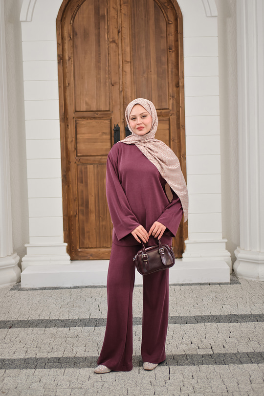 Önü Cima Detay Bisiklet Yaka Takım Mürdüm