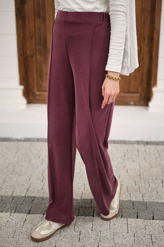 Önü Çima Detaylı Lastikli Pantolon Mürdüm