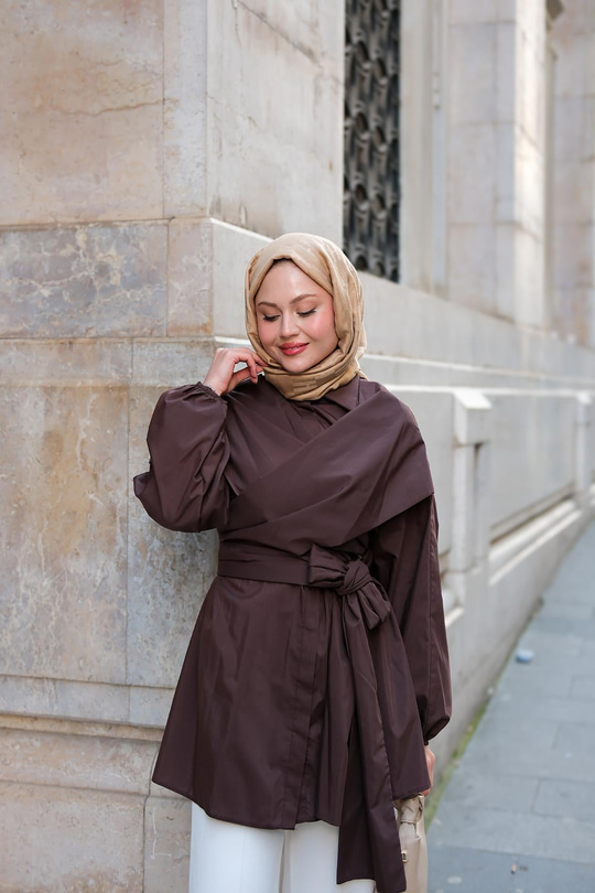 Önü Drape Detay Poplin Gömlek Kahverengi