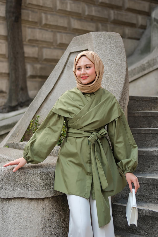 Önü Drape Detay Poplin Gömlek Yeşil