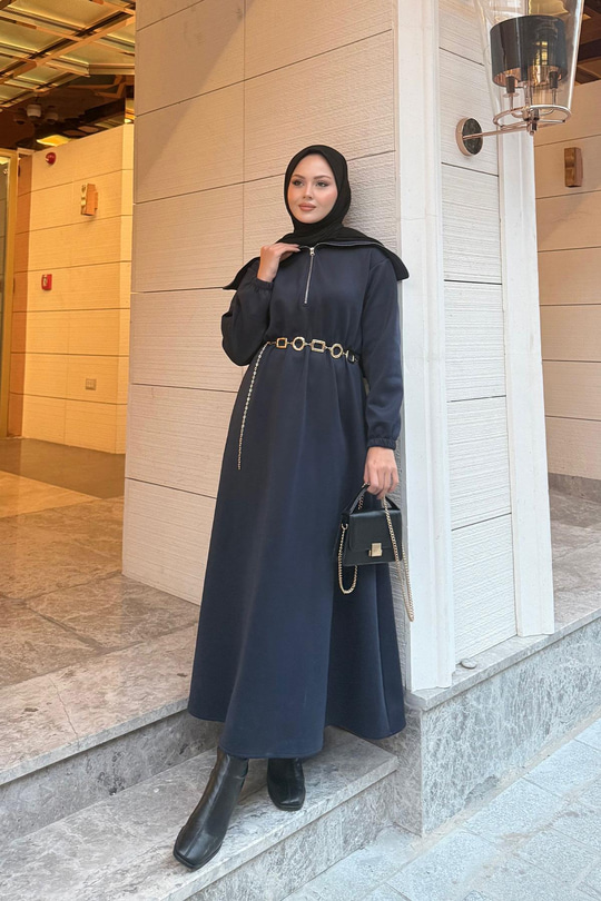 Önü Fermuarlı Elbise Lacivert