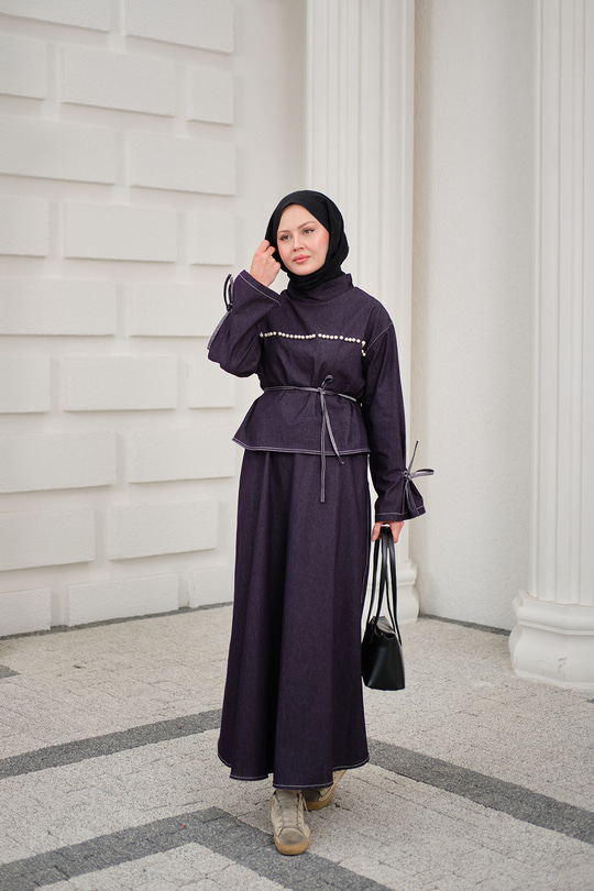 Önü İnci Detay Süs Dikiş Kemerli Hakim Yaka Takım Mor