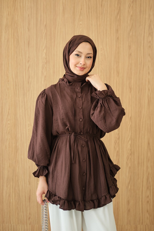 Önü Nervurlu Bel Bağlamalı Gömlek Kahverengi