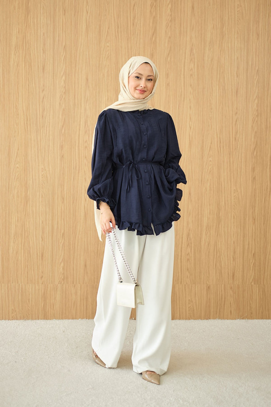 Önü Nervurlu Bel Bağlamalı Gömlek Lacivert