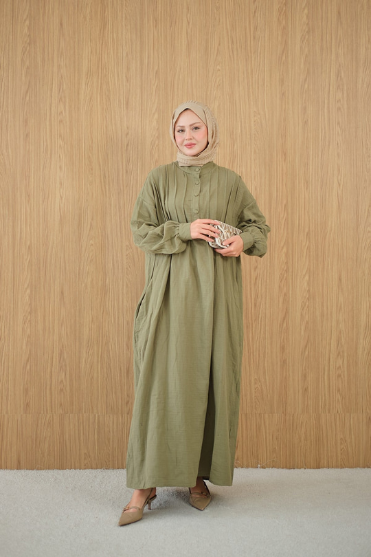 Önü Nervurlu Bisiklet Yaka Keten Elbise Yeşil