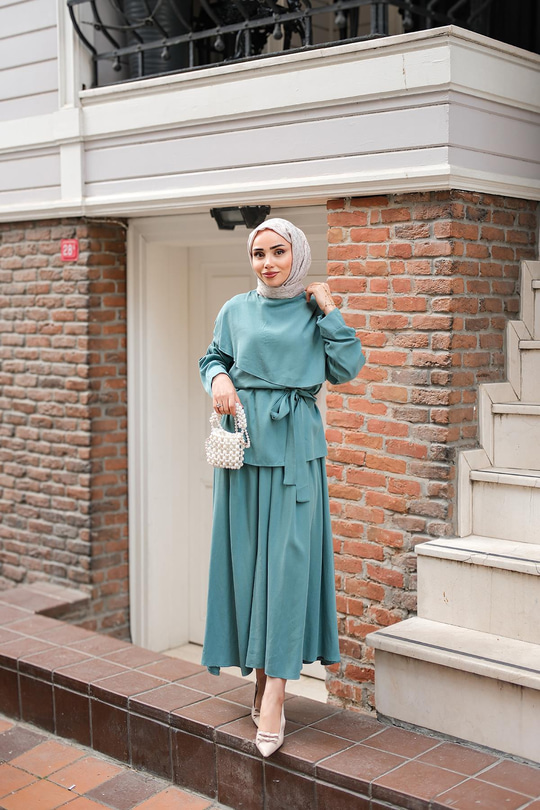 Önü Parça Detaylı Takım Petrol Mavi