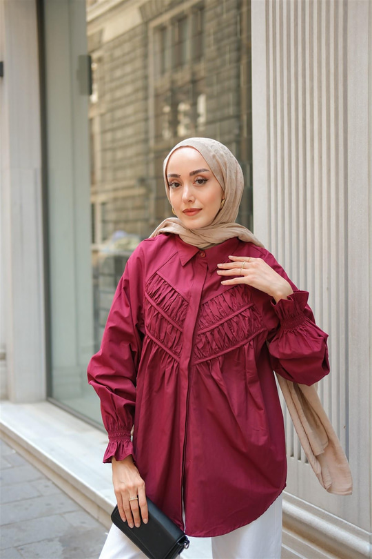 Önü Parça Roba Büzgülü Tunik Bordo