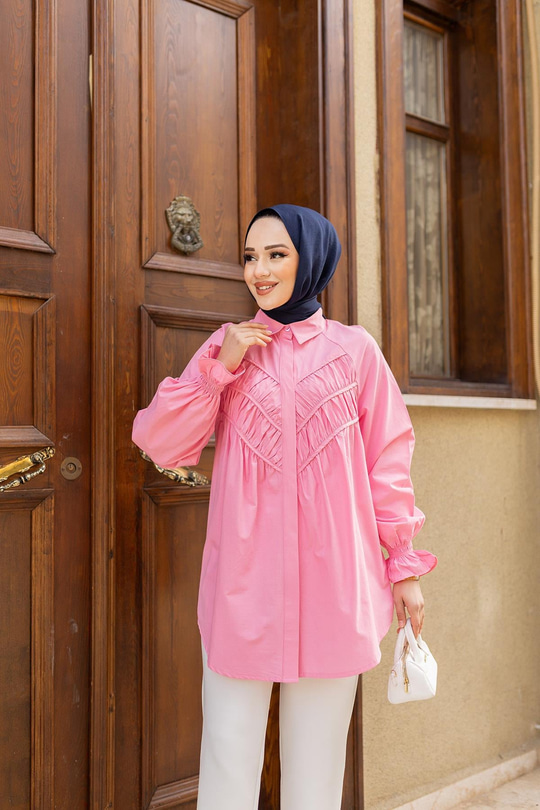 Önü Parça Roba Büzgülü Tunik Pembe