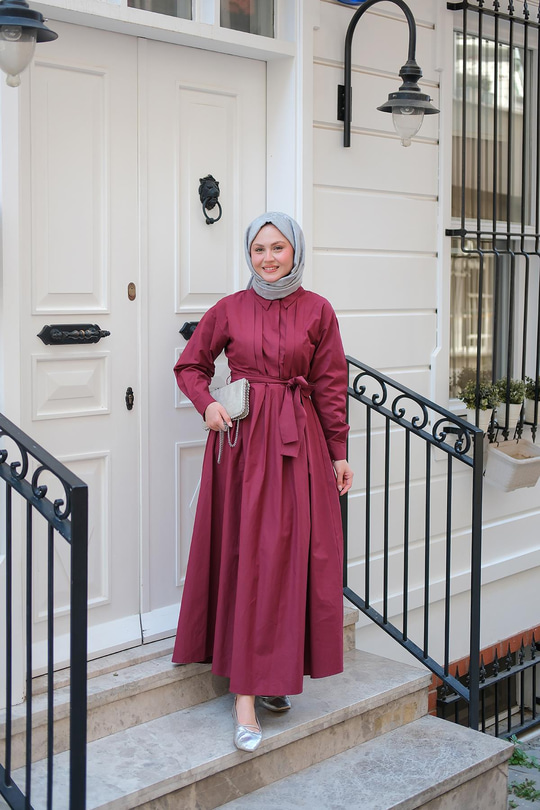 Önü Pileli Poplin Elbise  Bordo