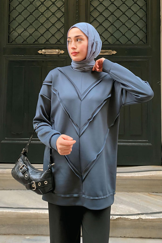 Önü V Detaylı Tunik Petrol Mavi