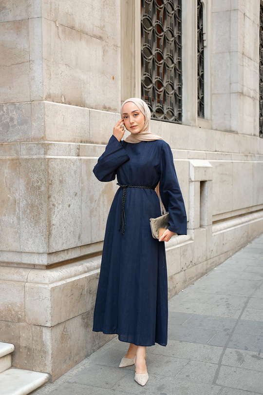 Örgü Bağlamalı Keten Elbise Lacivert