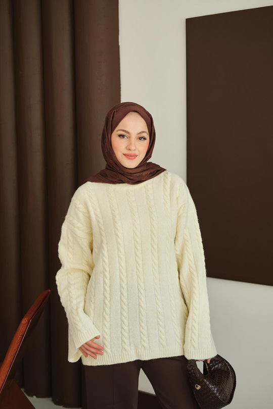 Örgü Desenli Triko Tunik Ekru