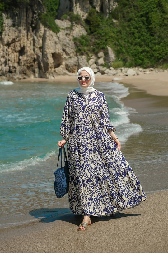 Otantik Desenli Elbise Lacivert