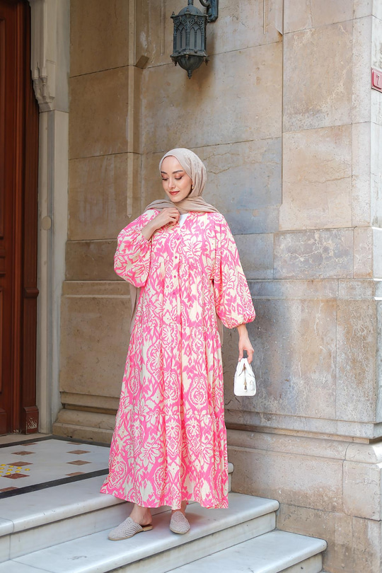 Otantik Desenli Elbise Pembe