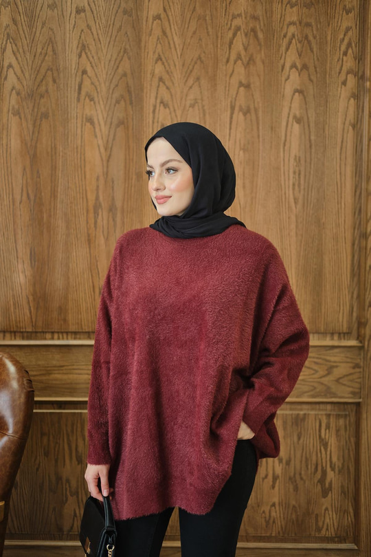 Oversize Kesim Peluş Kazak Bordo