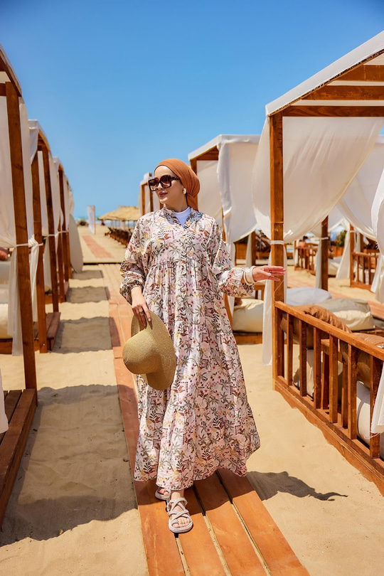 Palmiye Desen Elbise Kahverengi