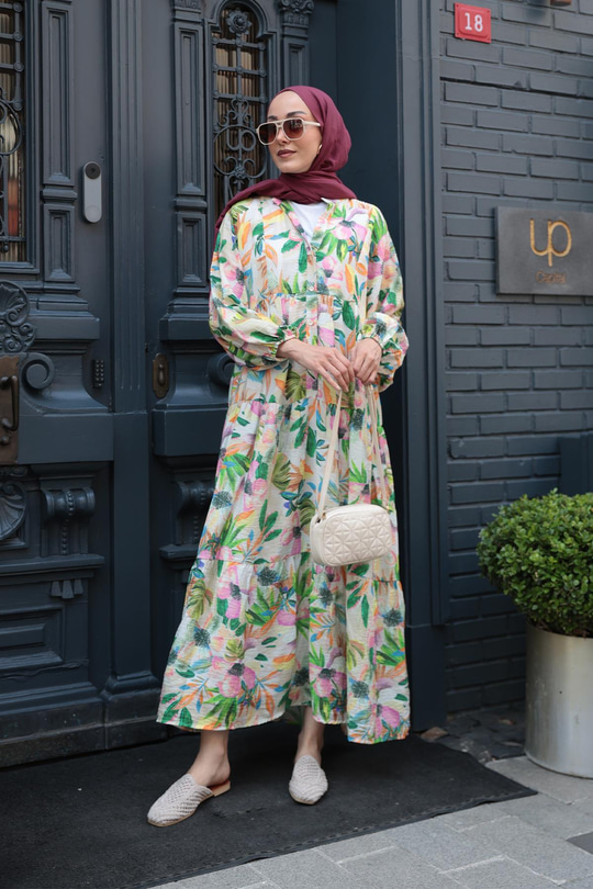 Palmiye Desenli Elbise Yeşil