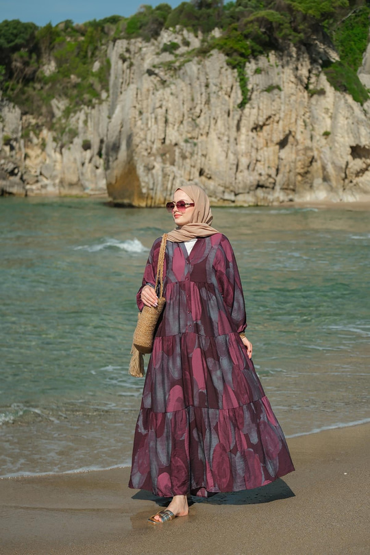 Parça Desenli Elbise Bordo