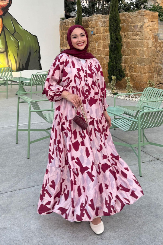 Parça Desenli Elbise Fuşya