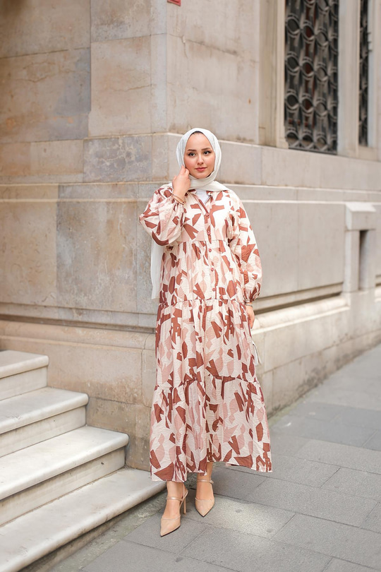 Parça Desenli Elbise Kahverengi