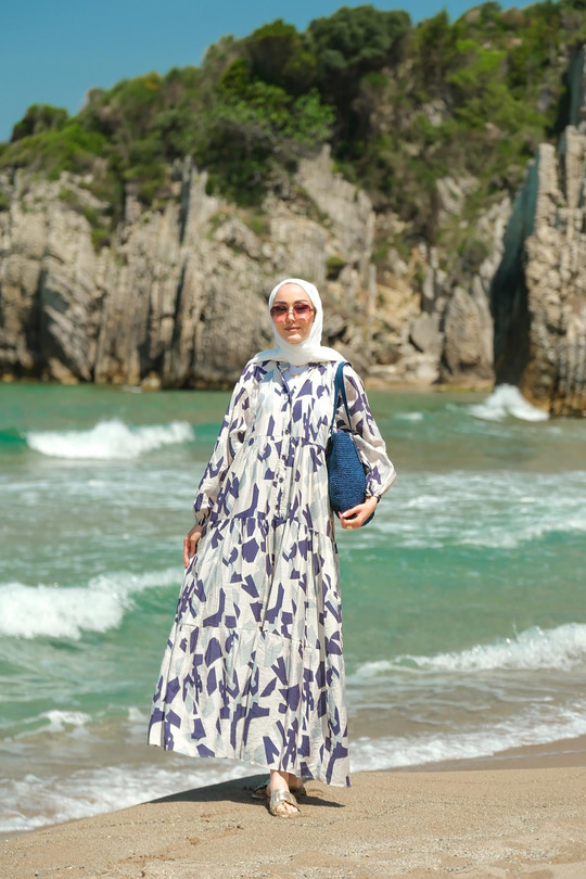 Parça Desenli Elbise Mavi