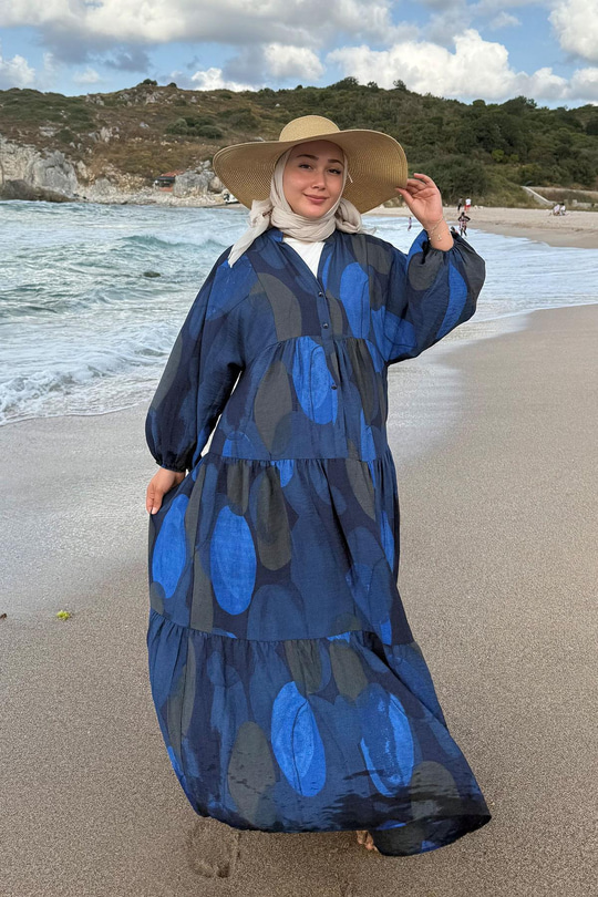 Parça Desenli Elbise Saks Mavi