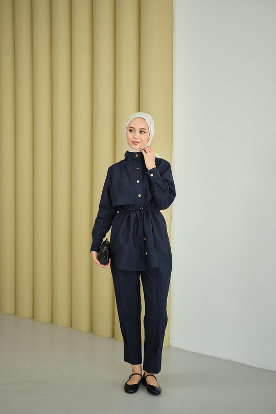 Parça Detaylı Beli Tünelli Takım Lacivert