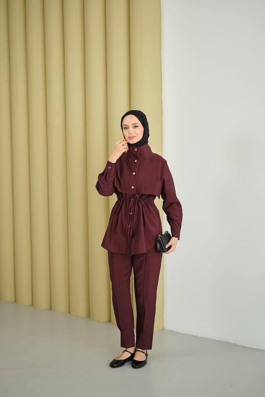 Parça Detaylı Beli Tünelli Takım Mürdüm