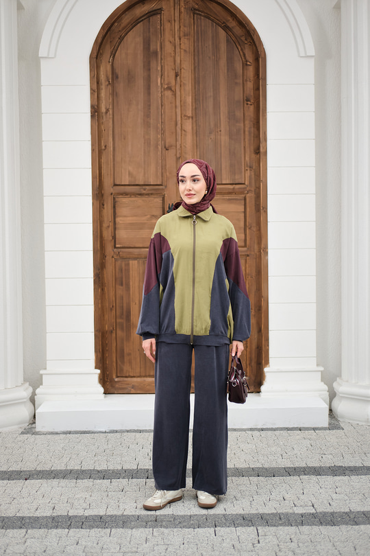 Parça Renk Detay Fermuarlı İkili Takım Yağ Yeşil