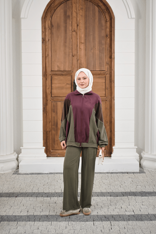 Parça Renk Detay Fermuarlı İkili Takım Mürdüm