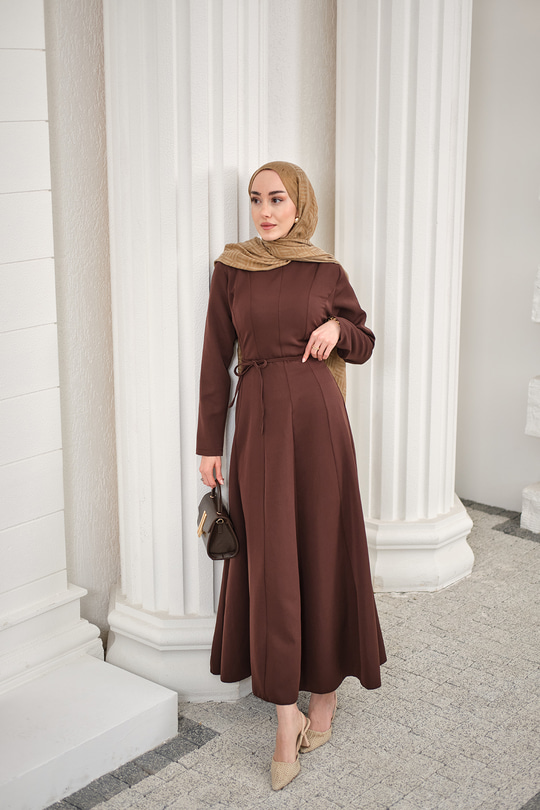 Parçalı Bel Bağlamalı Elbise Kahverengi