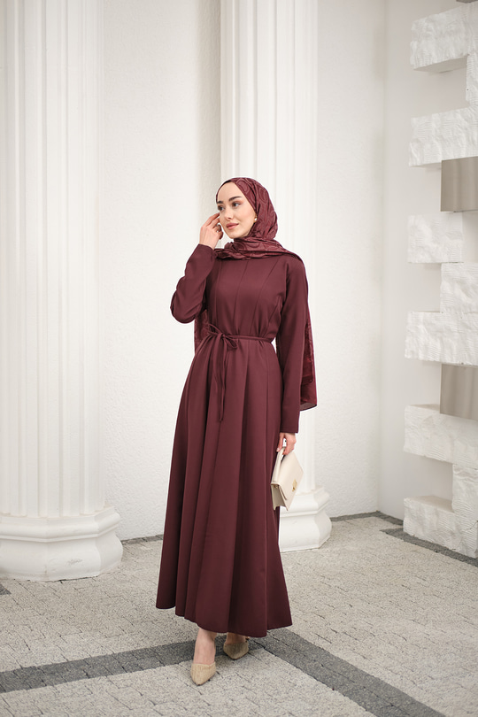 Parçalı Bel Bağlamalı Elbise Mürdüm