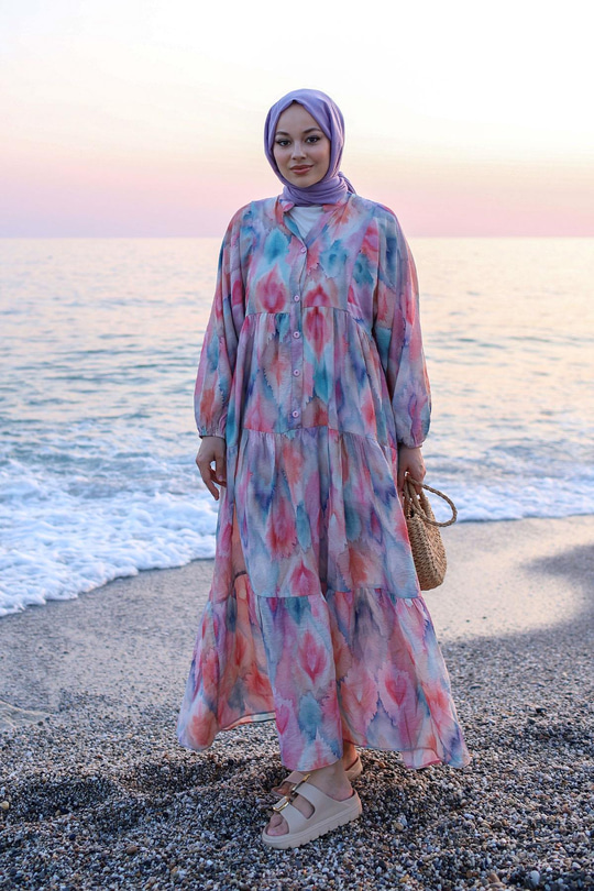 Pastel Esinti Desenli Elbise Somon