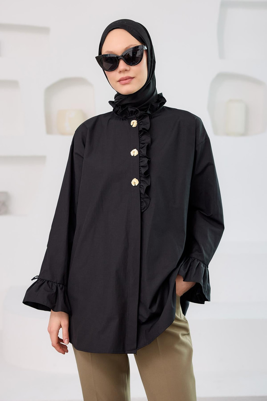 Pati Düğme Detay Gömlek Siyah