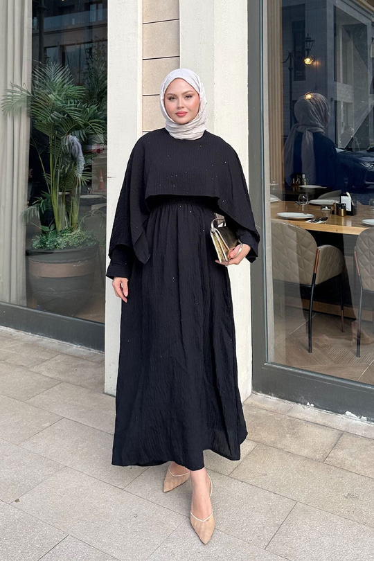 Pelerin Detay Çizgili Elbise Siyah