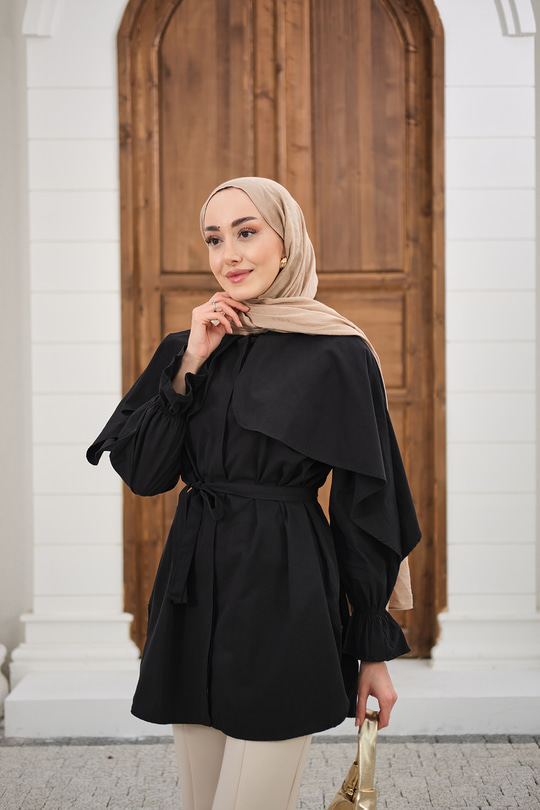 Pelerin Detaylı Gömlek Siyah