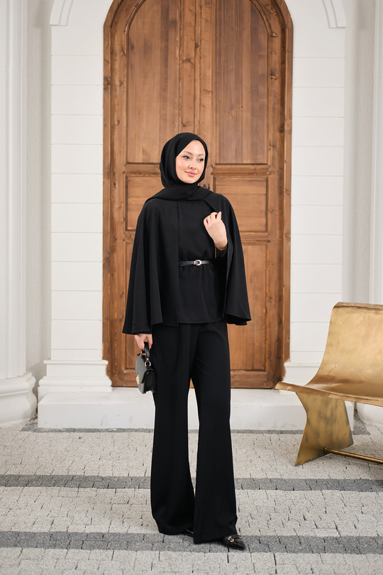 Pelerin Kol Arkası Fermuarlı Kemer Detay Takım Siyah