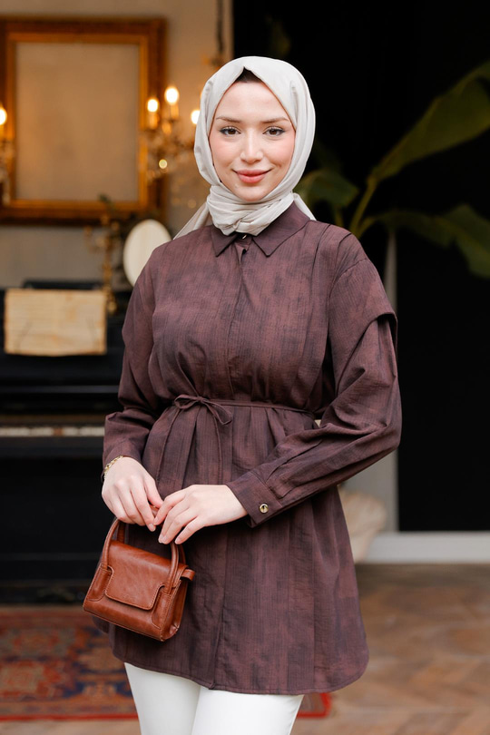 Pelerin Kol Gizli Düğmeli Gömlek Kahverengi