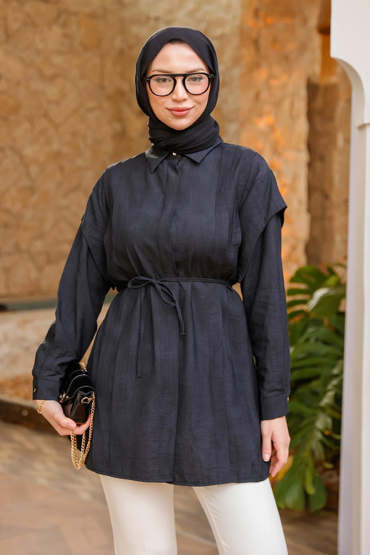 Pelerin Kol Gizli Düğmeli Gömlek Siyah