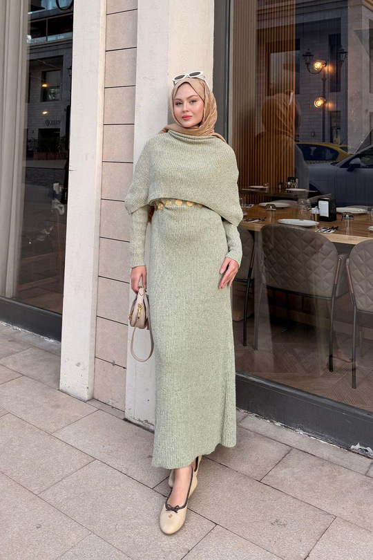 Pelerin Yaka Elbise Fıstık Yeşil
