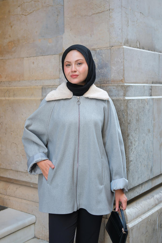 Peluş Yaka Ceket Gri