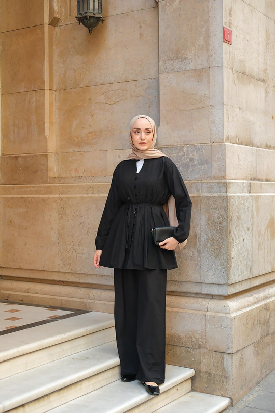 Pile Detay Düğmeli Takım Siyah