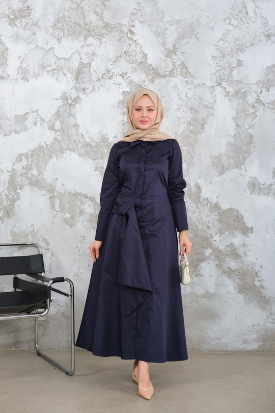 Pile Detay Elbise Lacivert