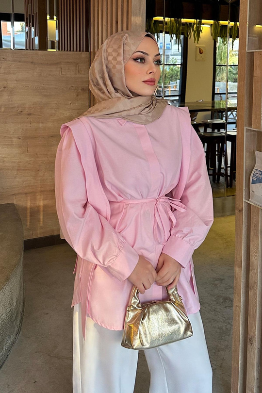 Pile Detay Önü Gizli Düğmeli Gömlek Pembe